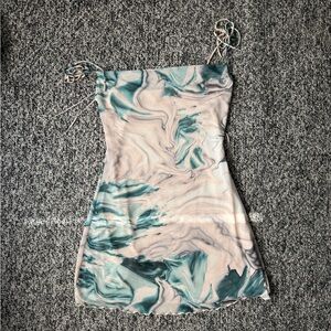 Stradivarius Marble Pattern Mini Dress in Teal and Cream